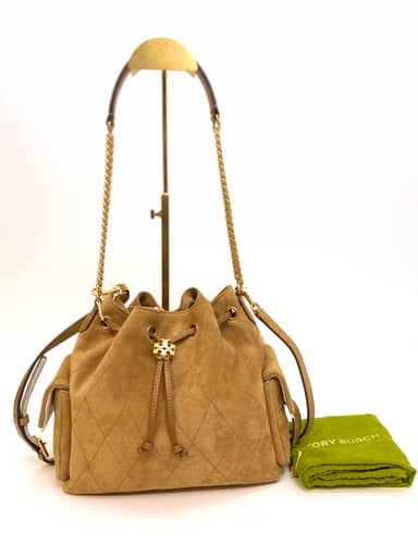 TJTB-63340 Tory Burch Charlie Quilted Suede Drawstring Shoulder Bag Toffee NEW NETT